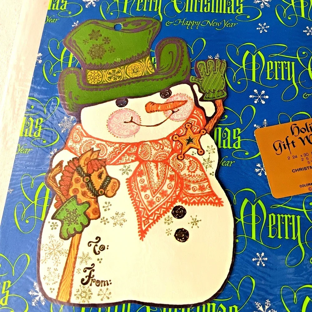 Current Holiday Gift Wrap Set Christmas Snowflakes 24x30 Blue Green 1979 Snowman